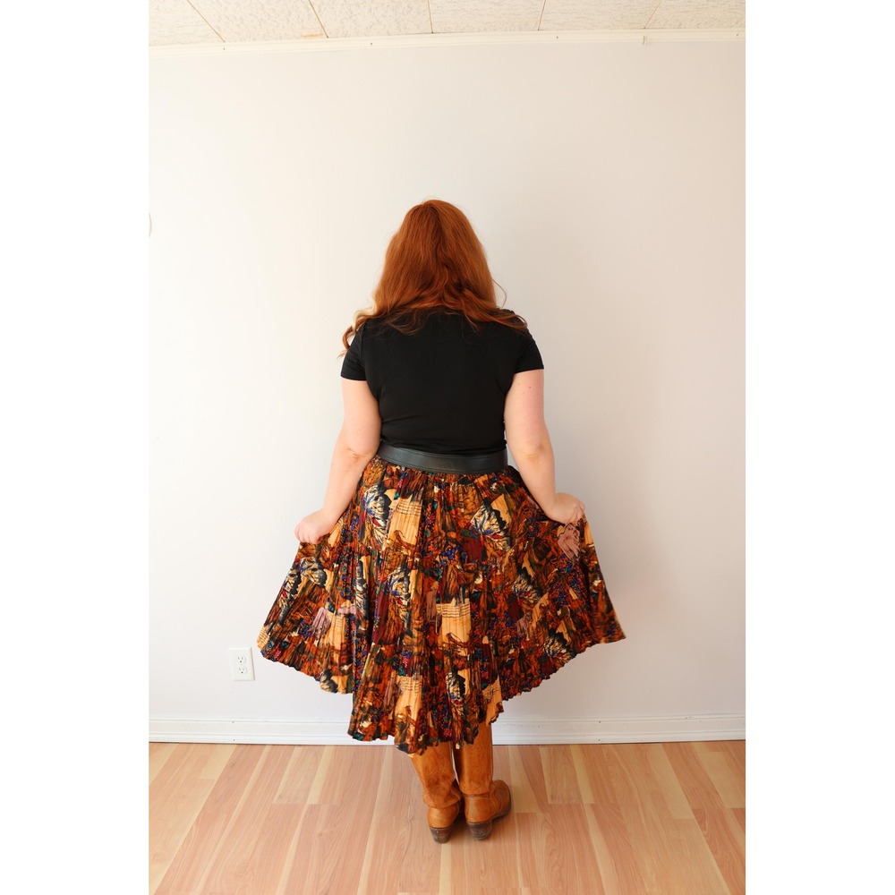Vintage Western Novelty Print Broomstick Skirt Brown Multi Tiered Pleated Midi - Picture 6 of 9